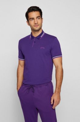 Polo slim fit de piqu&eacute; el&aacute;stico con logo curvado, P&uacute;rpura oscuro