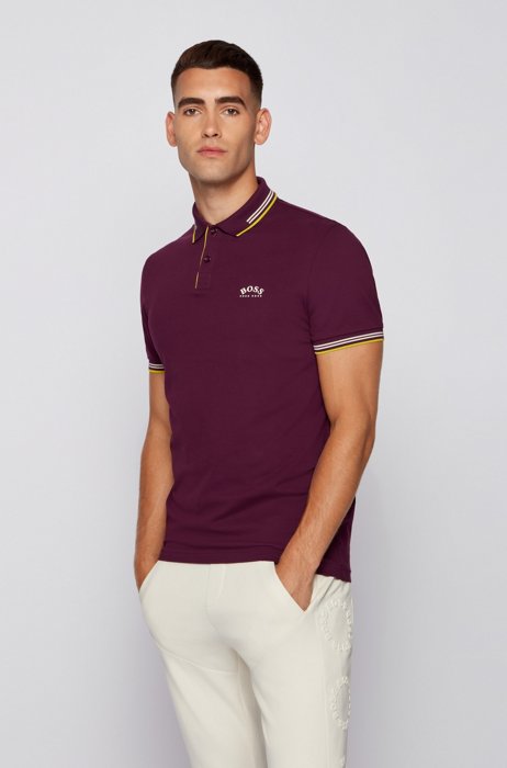 Slim-fit polo shirt in stretch piqué with curved logo, Purple