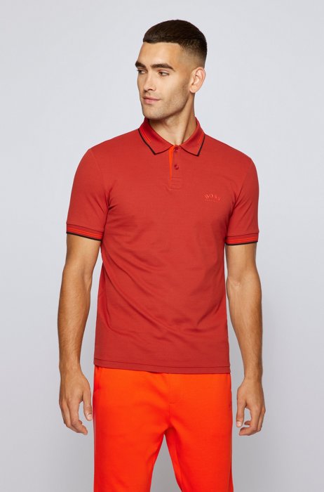 Slim-fit polo shirt in stretch piqué with curved logo, Red