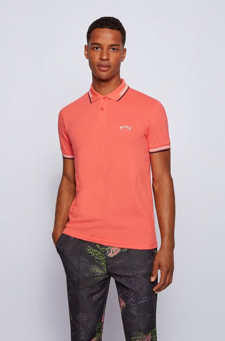 Slim-fit polo shirt in stretch piqué with curved logo, Light Red