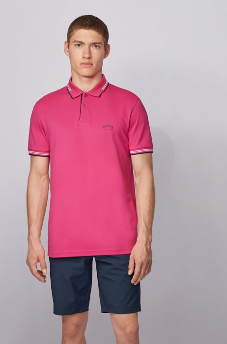 Slim-fit polo shirt in stretch piqué with curved logo, Pink