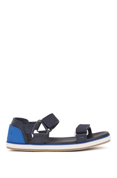 Italian-made leather sandals with touch-fastening straps, Dark Blue