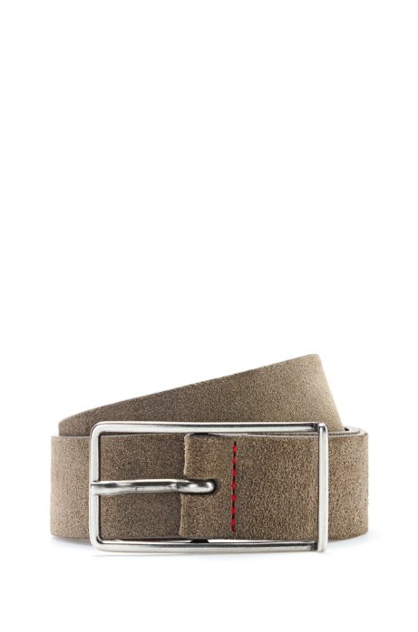 Slimline pin-buckle belt in Italian suede, Khaki