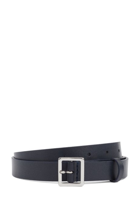 Italian-leather belt with polished-metal square buckle, Dark Blue