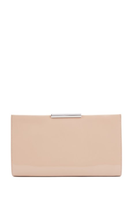 Patent-leather clutch with detachable chain strap, Light Beige