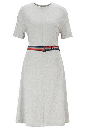Hugo Boss Short-sleeved Dress With Striped Logo Belt In Gray