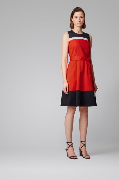 Sleeveless dress in satin-touch cotton with tie belt, Orange