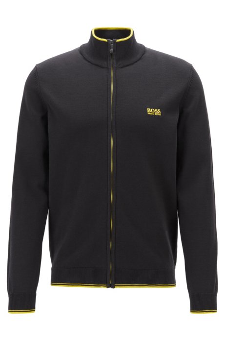 Zip-through knitted cardigan with elbow patches, Black