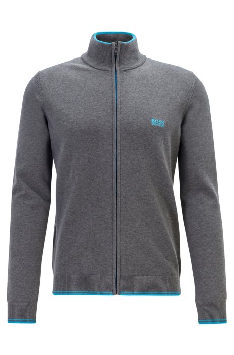 Zip-through knitted cardigan with elbow patches, Grey