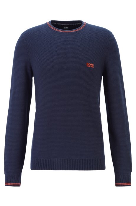 Structured-knit sweater in organic cotton with tipping stripes, Dark Blue