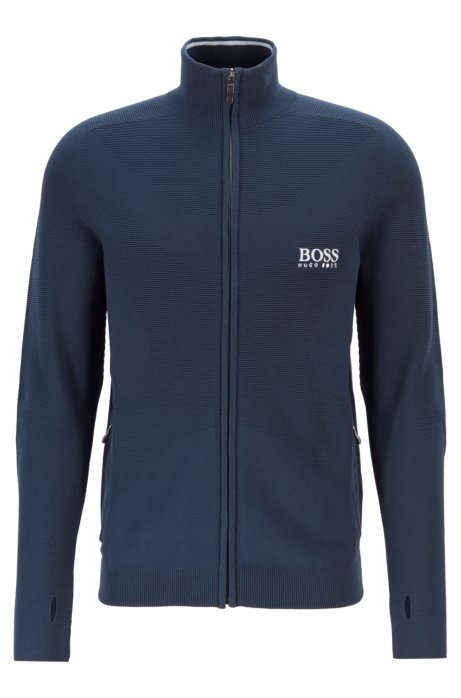 Seamless zip-through cardigan in structured knit, Dark Blue