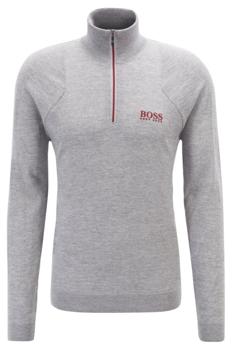 Zip-neck golf sweater in water-repellent merino wool, Light Grey