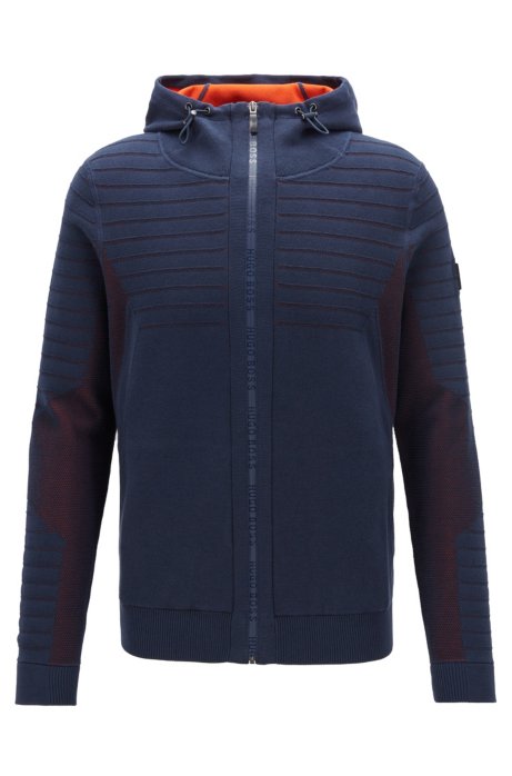 Hooded knitted jacket with logo zip and mesh details, Dark Blue