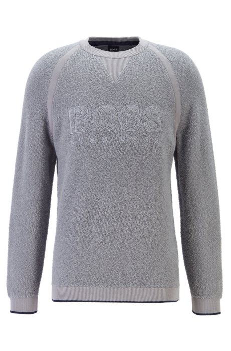 Logo-embroidered sweater in boucl&eacute; teddy structure, Light Grey