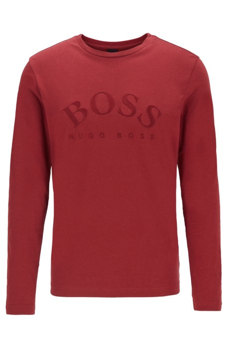 Long-sleeved cotton T-shirt with curved logo embroidery, Dark pink