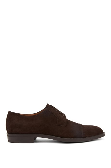 Italian-made Derby shoes in suede with monogrammed sole, Dark Brown
