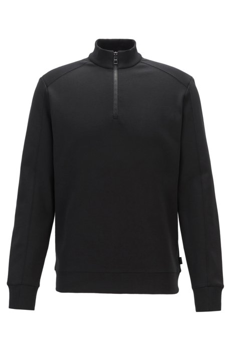 Zip-neck sweatshirt in a moulin&eacute; cotton blend, Black