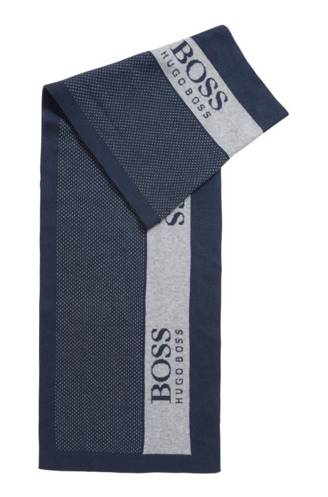Logo-intarsia colour-block scarf in a cotton blend, Dark Blue