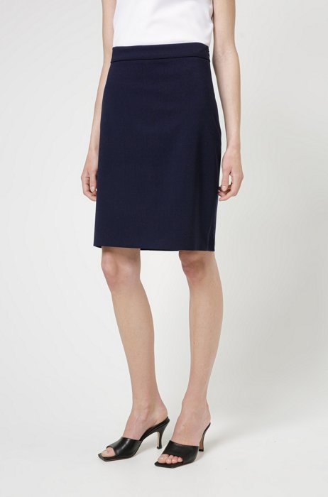 High-waisted pencil skirt in worsted stretch virgin wool, Dark Blue
