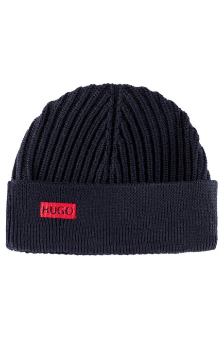 Ribbed beanie hat in merino wool with embroidered logo, Dark Blue