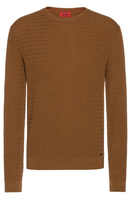 Crew-neck sweater in cotton with racked-stitch structure, Khaki