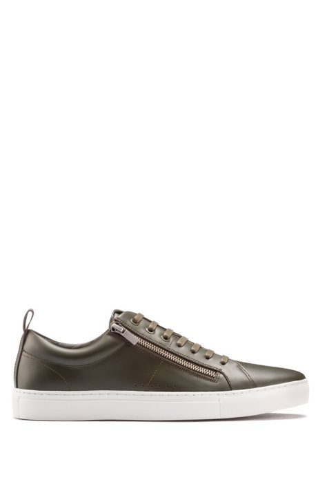 Low-top trainers in nappa leather with side zips, Dark Green