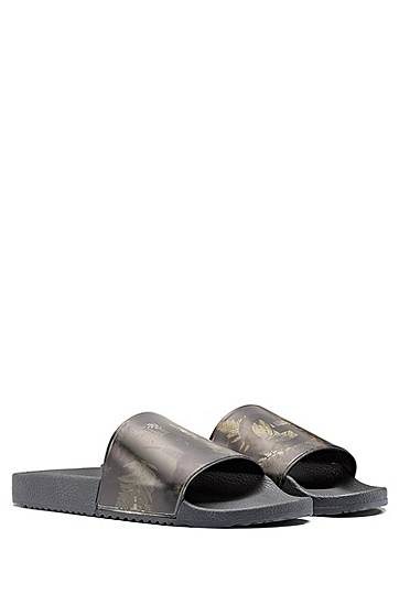 Hugo Italian-made Slides With Camouflage-print Logo Strap In Gray