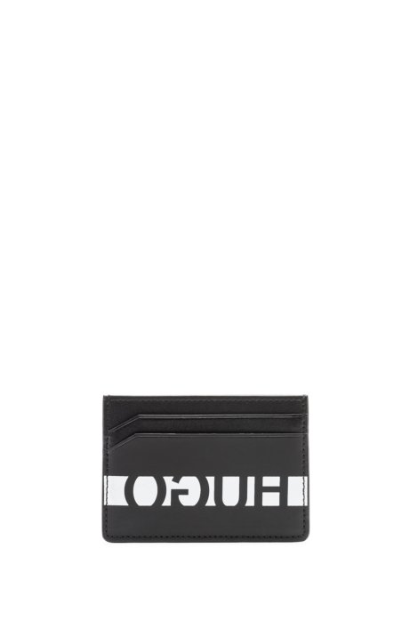 Reverse-logo card holder in rubberised Italian leather, Black