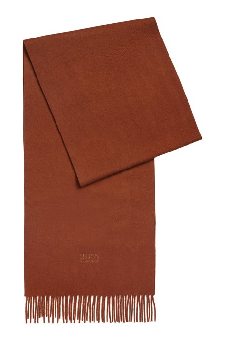 Italian-cashmere scarf with tonal logo embroidery, Brown