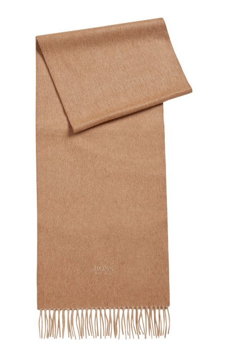 Italian-cashmere scarf with tonal logo embroidery, Beige