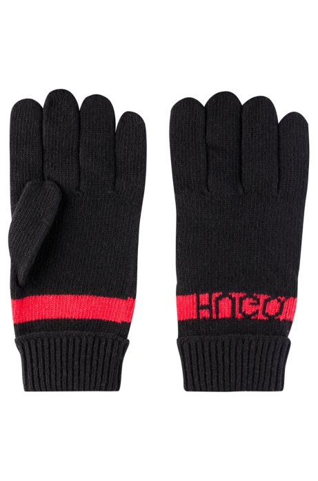Reverse-logo gloves in knitted jacquard with cashmere, Black