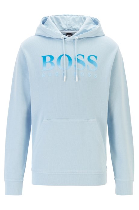 Hooded sweatshirt with flocked logo and woven details, Light Blue