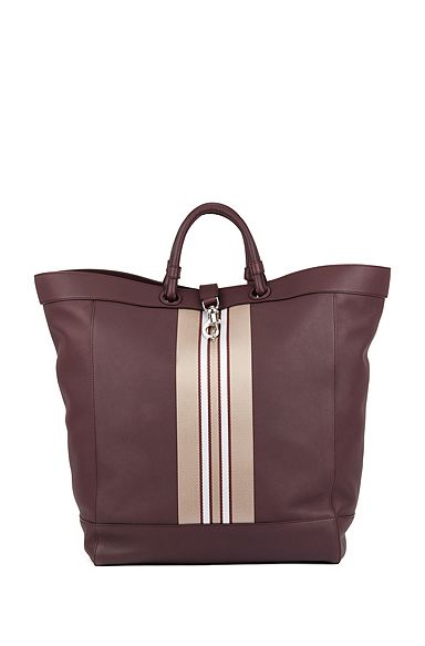 Large tote bag in leather with striped trim, Dark Red
