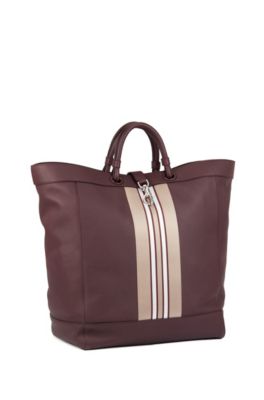 Large tote bag in leather with striped trim, Dark Red
