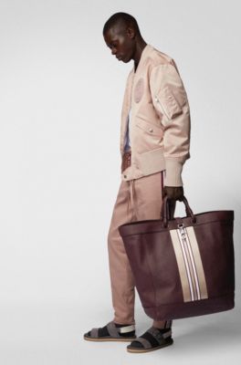 Large tote bag in leather with striped trim, Dark Red