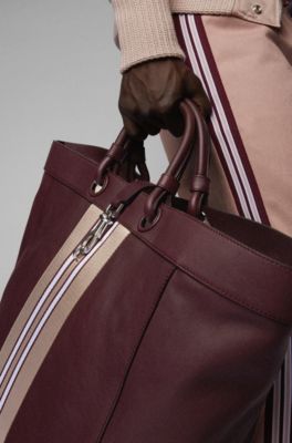 Large tote bag in leather with striped trim, Dark Red