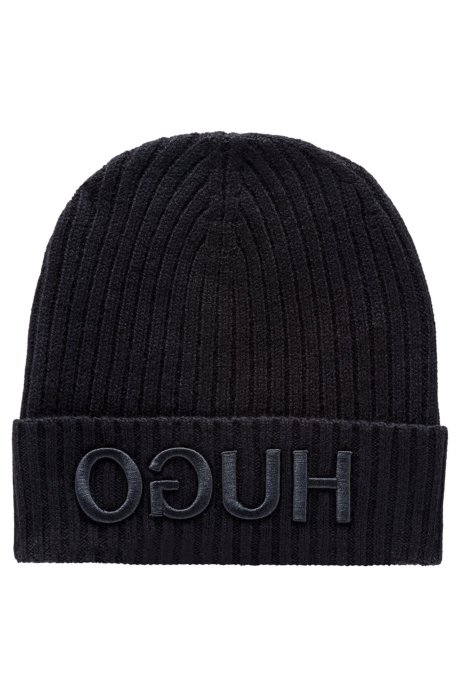 Wool beanie with turnback hem and reversed logo, Black
