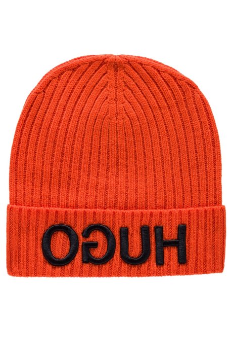 Wool beanie with turnback hem and reversed logo, Orange