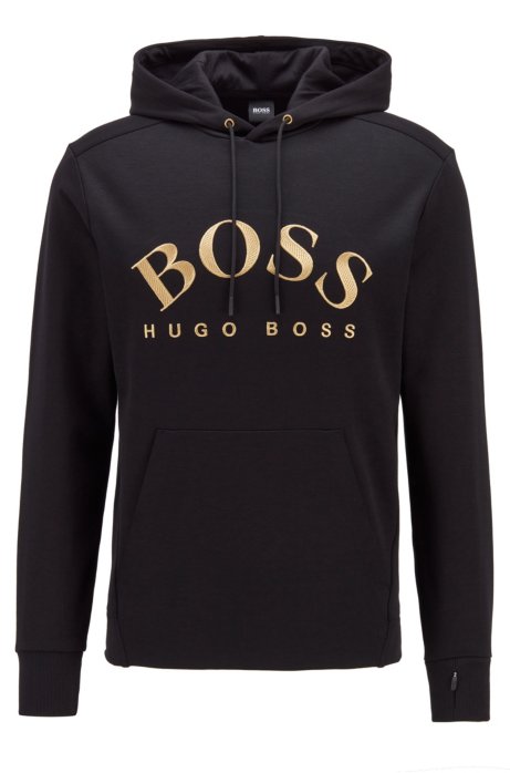 Hooded sweatshirt with curved logo artwork and hidden pocket, Black
