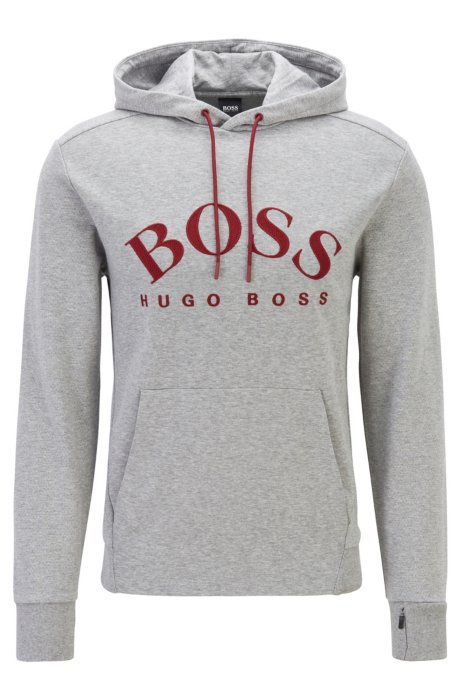 Hooded sweatshirt with curved logo artwork and hidden pocket, Light Grey