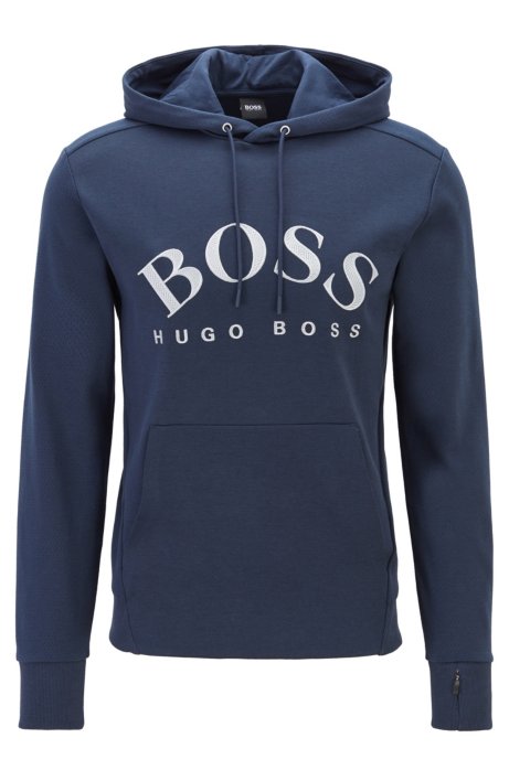 Hooded sweatshirt with curved logo artwork and hidden pocket, Dark Blue