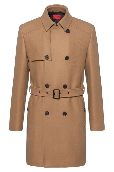 Slim-fit trench coat in wool-blend twill, Beige