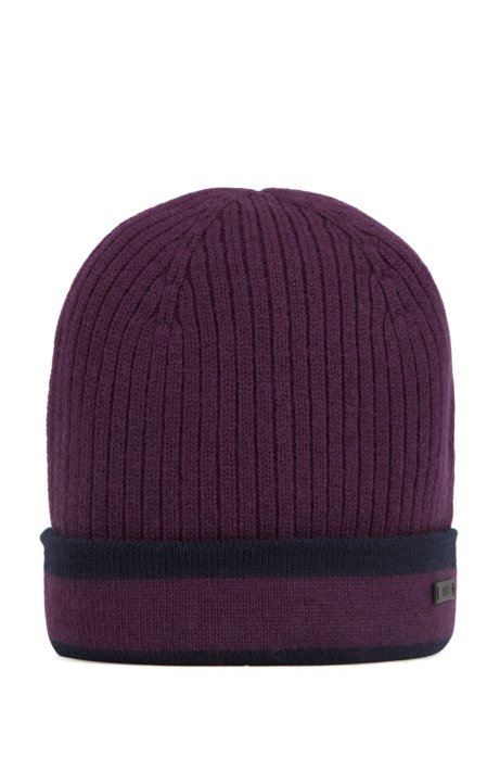 Ribbed beanie hat in wool with contrast trim, Dark Purple