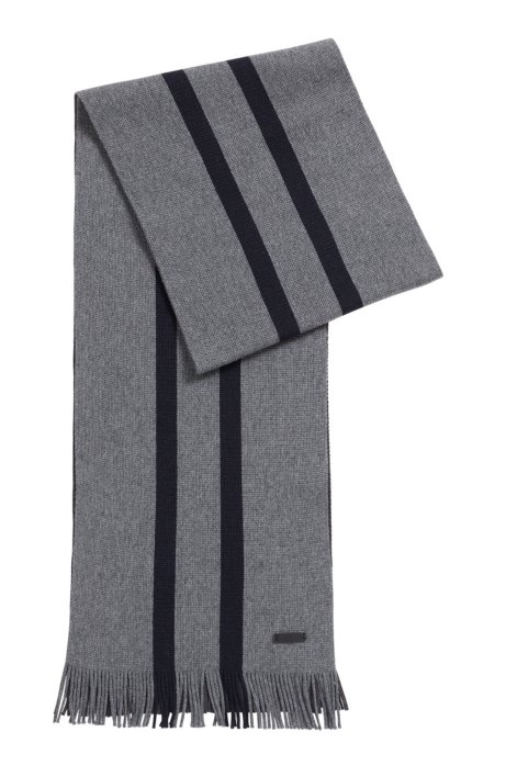 Fringed scarf in virgin wool with vertical stripe, Grey
