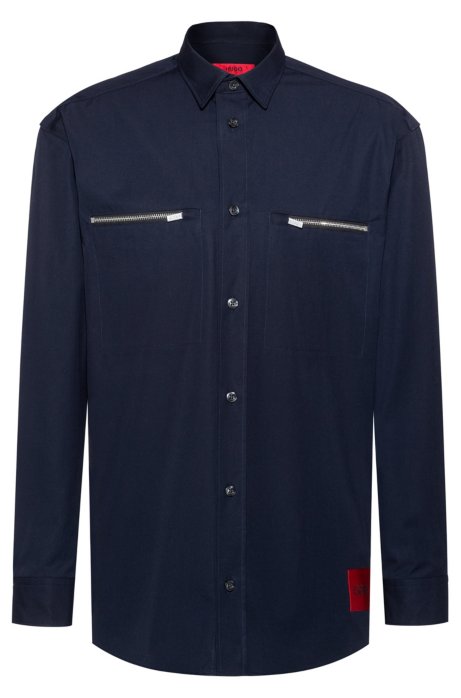 Oversized-fit shirt in cotton with zipped chest pockets, Dark Blue