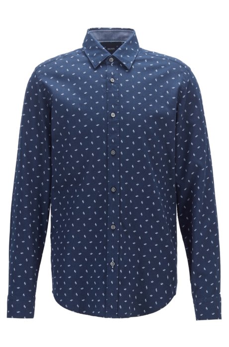 Regular-fit shirt with multi-coloured print on dobby cotton, Dark Blue
