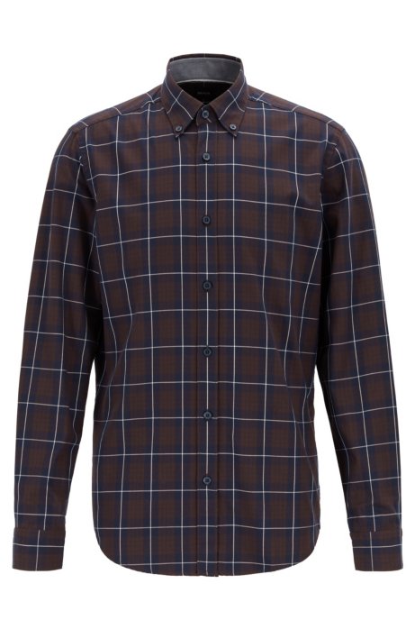 Button-down regular-fit shirt in checked cotton twill, Dark Brown