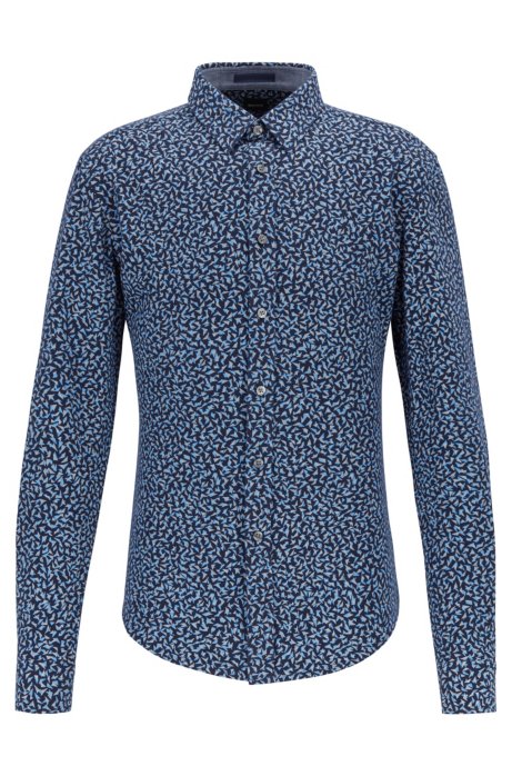 Slim-fit shirt in printed cotton piqu&eacute;, Dark Blue