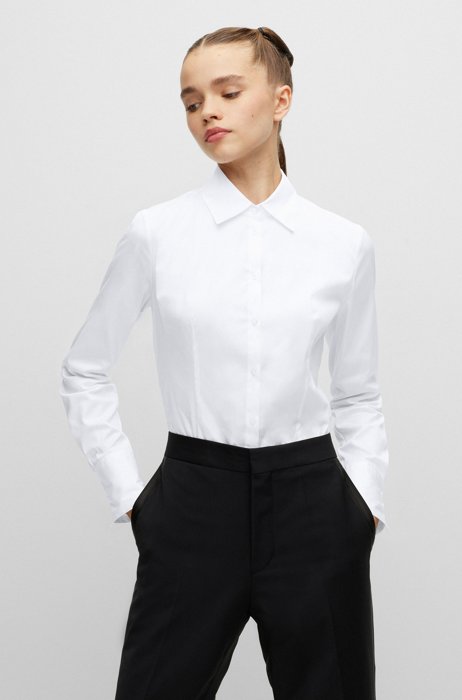 Slim-Fit Bluse aus bügelleichter Popeline, Weiß