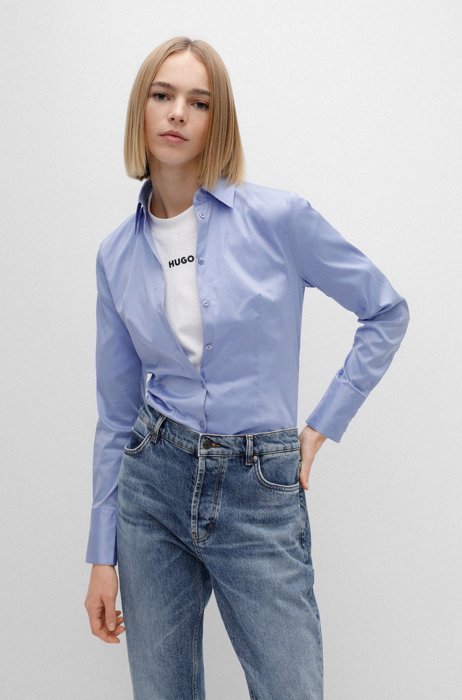 Slim-Fit Bluse aus bügelleichter Popeline, Hellblau